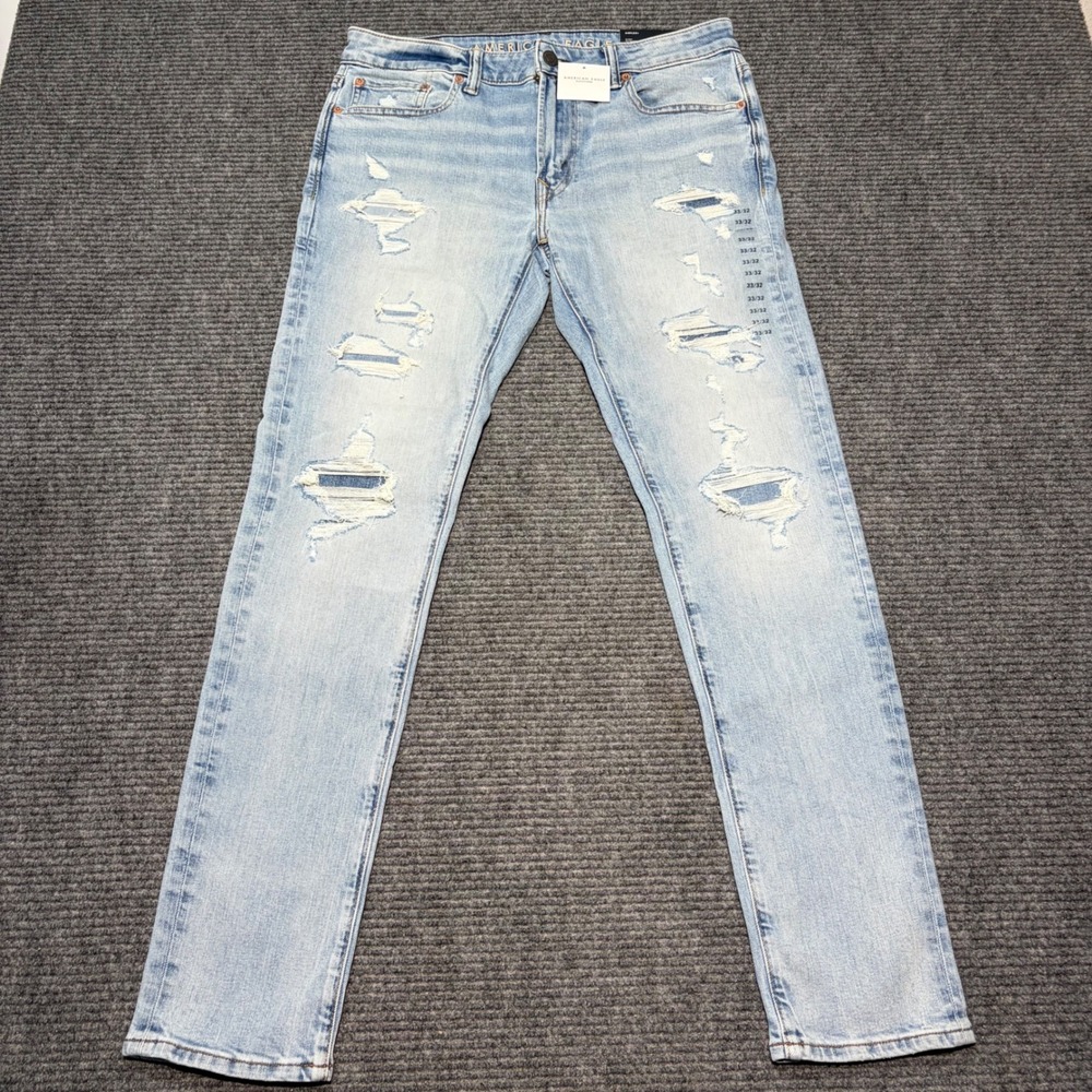 American Eagle AirFlex+ Skinny Jeans 33x32 Destroyed Light Wash Distressed Denim